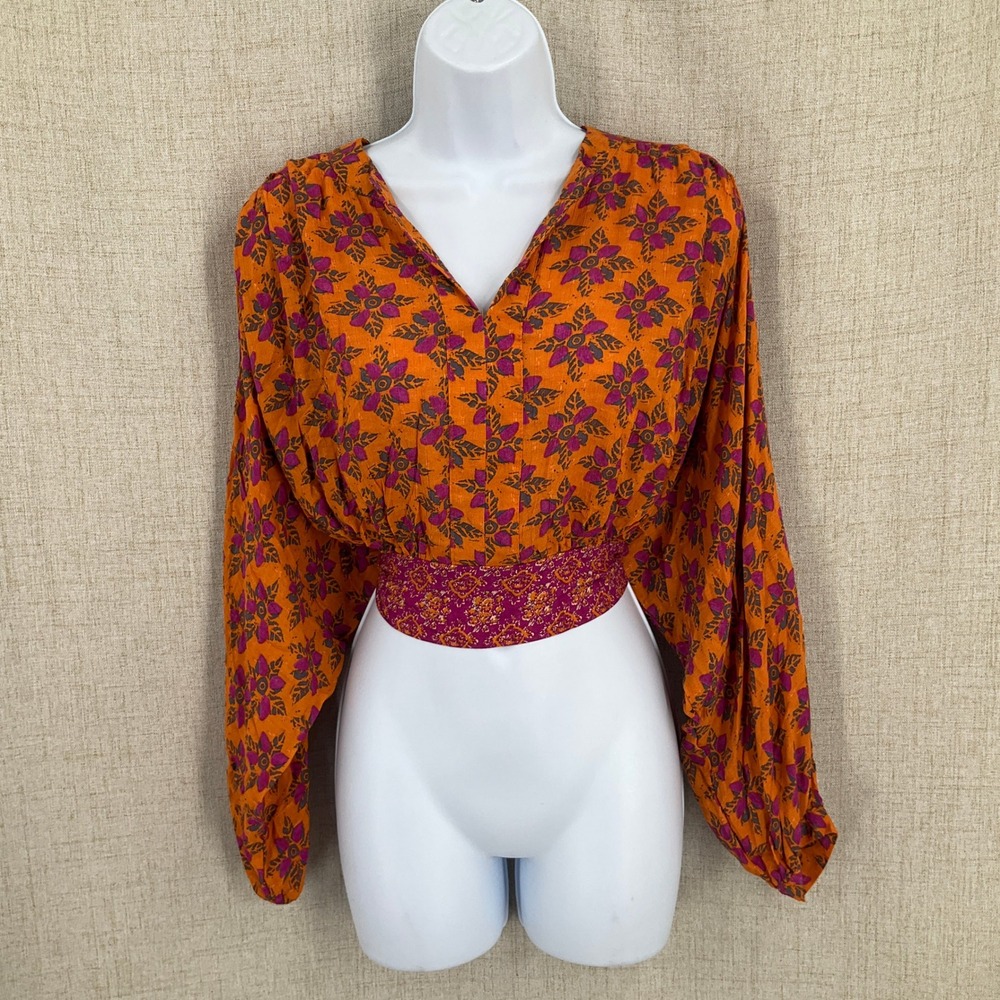 Rachel Rachel Roy Crop Top Women XS Orange Floral Boho Tie Back Cottagecore NEW